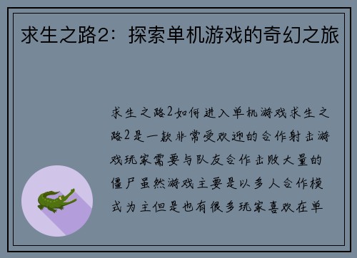 求生之路2：探索单机游戏的奇幻之旅