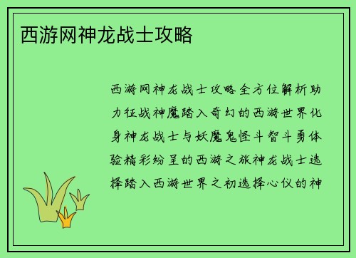 西游网神龙战士攻略